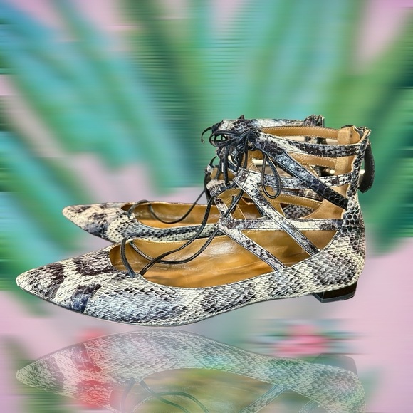 Aquazzura ‘Belgravia’ Two-Tone Snakeskin Ankle-Tie Flats Size 9 ASO Meghan - Picture 10 of 16